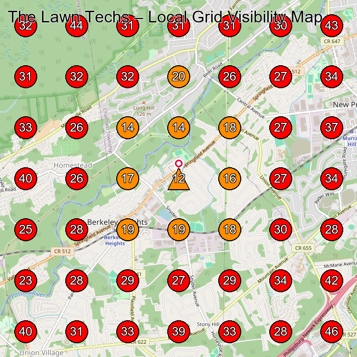 The Lawn Techs GeoGrid visibility map for Lawn Care Service in Millington